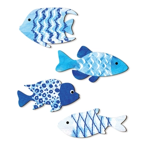Set de 4 piezas de arte de pared de peces de madera náuticos con patrones azul y blanco