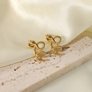 Minimalist 14K gold plated stainless steel snake stud earrings with detailed scale textures