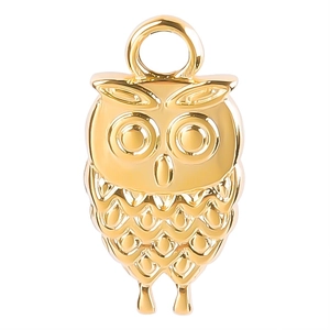 Golden owl pendant in stainless steel with detailed feather texture on white background