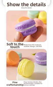 Detail of colorful PU foam macaron models with realistic soft sponge texture and finish