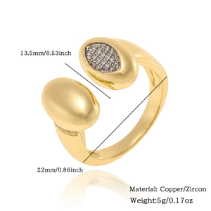 Detail view of adjustable copper zircon ring showing dimensions and material specifications