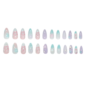 24-piece press-on nails with 3D floral designs, pearls, and shell textures in pastel tones