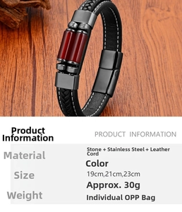 Close-up of woven leather bracelet with tiger eye stones and magnetic steel clasp