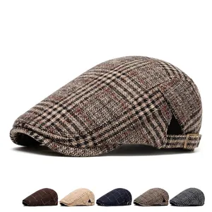 Classic plaid beret newsboy cap for men in khaki brown wool blend with side metal buckle