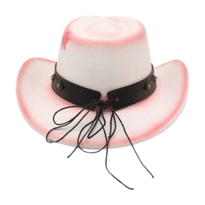 Detail of pink gradient western cowboy hat featuring bronze rivets and decorative band