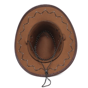 Detail of brown cowboy hat featuring black zigzag hand-stitching and adjustable chin cord