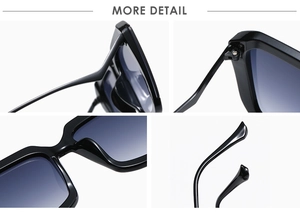 Detail shots of square sunglasses showing metal hinges and ergonomic temple tips
