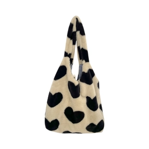 Winter faux fur tote bag with black heart patterns and blue checkered lining