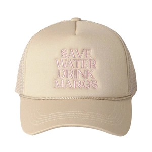 Beige trucker cap with pink embroidered text and breathable mesh back for outdoor sun protection