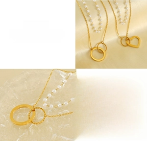 Détail du collier double couche en acier inoxydable avec perles et pendentif cœur doré