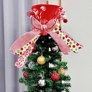 Christmas Tree Topper Velvet Top Hat With Large Bow Candy Cane Elf Legs Holiday Party Home Decoration Ornament