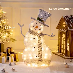 Flocked 118cm Christmas snowman with LED lights and branch arms for festive decor