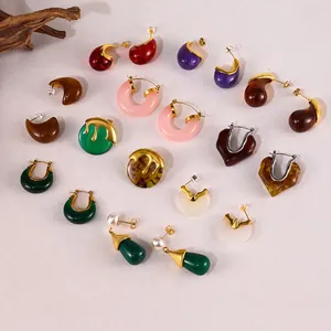 Fashion Resin Earrings With Stainless Steel Earring Post Geometric Colorful Dopamine Style Waterdrop Retro Jewelry For Women