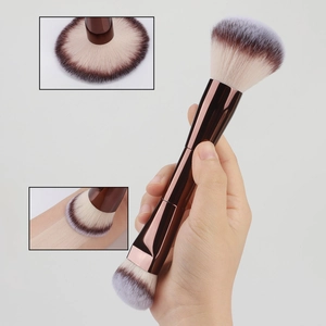 Double-ended makeup brush with soft gradient bristles and metallic handle for foundation
