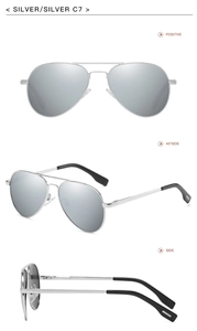 Three views of silver metal pilot sunglasses showing front and side profile details