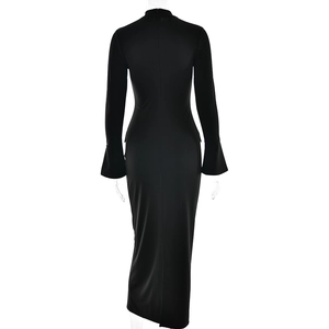Detailed back view of a slim-fit black long sleeve dress with high collar and slit detail