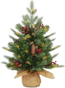60cm mini Christmas tree detail with pine cones, red berries and warm LED lights