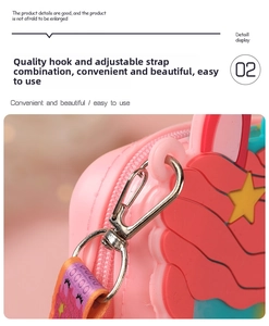 Detail of pink silicone cartoon bag featuring metal lobster clasp and colorful woven strap
