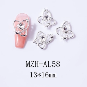 Detailed view of silver star heart nail charms with rhinestones and 13*16mm size label