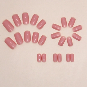 Glossy peach pink short square press-on nails set with jelly finish for girls