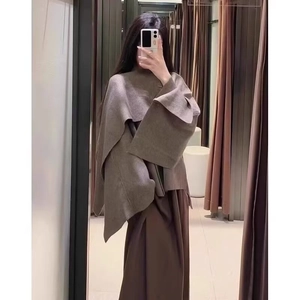 Women Knitted Poncho Cape Coat Loose Scarf Collar Asymmetrical Long Sleeve Vintage Elegant Knitwear Outerwear
