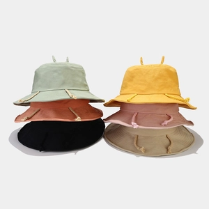 Bucket Hat Cotton Canvas Cute Horn Decor Adjustable Rope Foldable Summer Sun Shade Korean Style Sweet For Women
