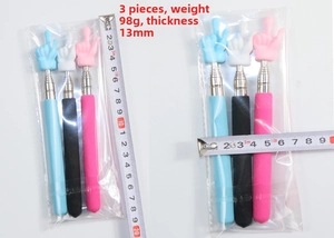 Detail view of telescopic stainless steel pointers in blue, black, and pink with finger tips