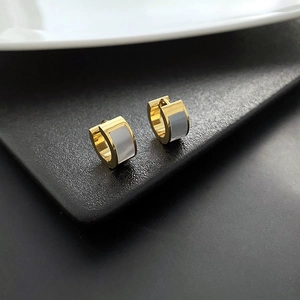 Elegant gold titanium steel hoop earrings with rectangular white mother of pearl inlay