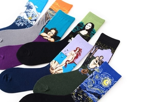 Detail of artistic oil painting socks featuring Starry Night and Mona Lisa motifs