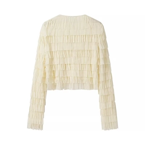 Women's cream round neck long sleeve cropped cardigan with layered fringe design