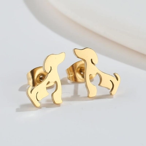 Minimalist golden dachshund dog stud earrings in polished stainless steel