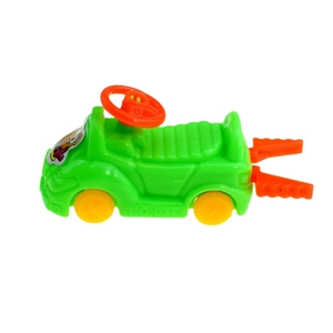 Green toy car model with orange steering wheel and cartoon bear sticker on white background