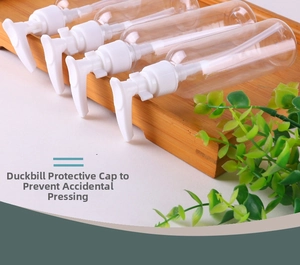 Detail showing the protective locking clip on a clear plastic pump bottle for leak prevention