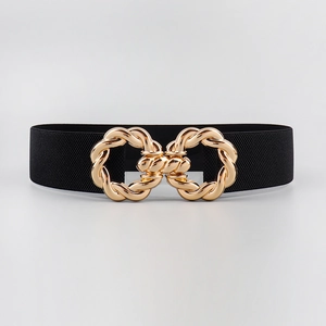 Chic black elastic waist belt with an elegant twisted gold metal buckle for women
