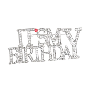 Macro detail of silver brooch with It's My Birthday phrase and sparkling rhinestones