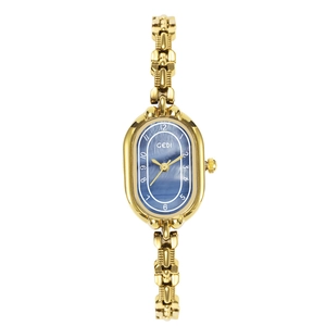 Elegant vintage gold oval watch for women with deep blue dial and chain link bracelet