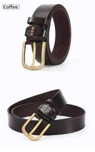 Close-up of a coffee brown faux leather belt featuring a gold brushed metal buckle