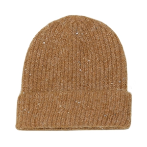 Detail of camel wool-blend rib-knit hat with silver sequins and soft fuzzy texture