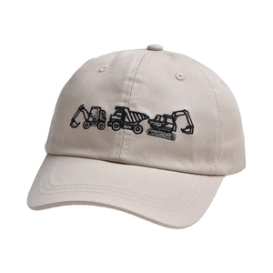 Close-up of beige cotton baseball cap featuring black excavator embroidery on front