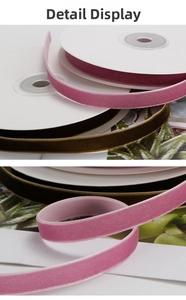 Close-up of 9mm velvet ribbon rolls in dusty pink and olive green for DIY crafts