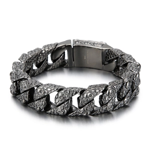 Gothic punk hip-hop stainless steel skull bracelet with textured cuban chain links