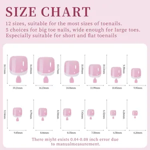 Detailed size chart for press-on toenails showing 12 sizes with precise measurements