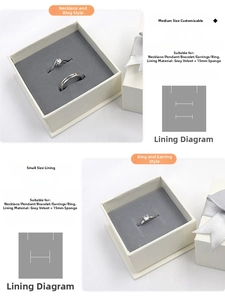 Detailed view of cream jewelry gift boxes with gray velvet inserts for rings and necklaces