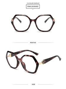 Detailed front and side views of polygon TR90 glasses frames in pink leopard finish
