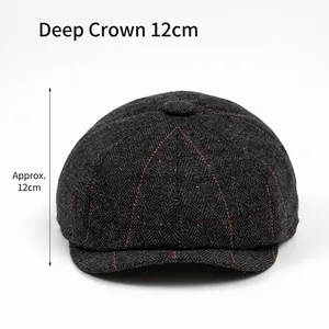 Dark grey herringbone newsboy cap with 12cm depth and subtle red check pattern