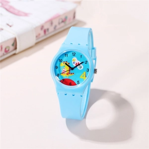 Orologio al quarzo per bambini azzurro con dinosauro giallo e cinturino in silicone