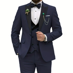 Navy blue men's three-piece wedding suit with peak lapel jacket, vest and slim fit trousers