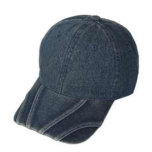 Washed navy blue denim baseball cap with vintage distressed brim and 6-panel structure