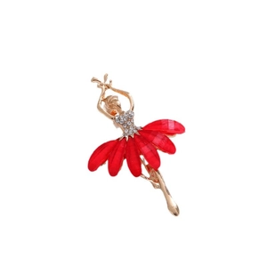 Elegant ballerina brooch with red petal skirt and sparkling rhinestones on gold base