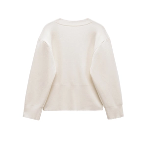 Detailed view of the ribbed cuffs and soft cream knit texture of this V-neck cardigan